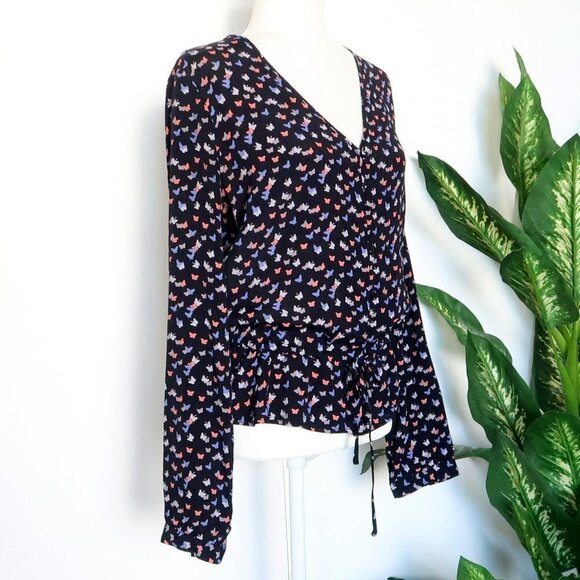 Rails Black Butterfly Print V-neck Button Front Waist Tie Peplum Blouse Top M - Picture 8 of 14